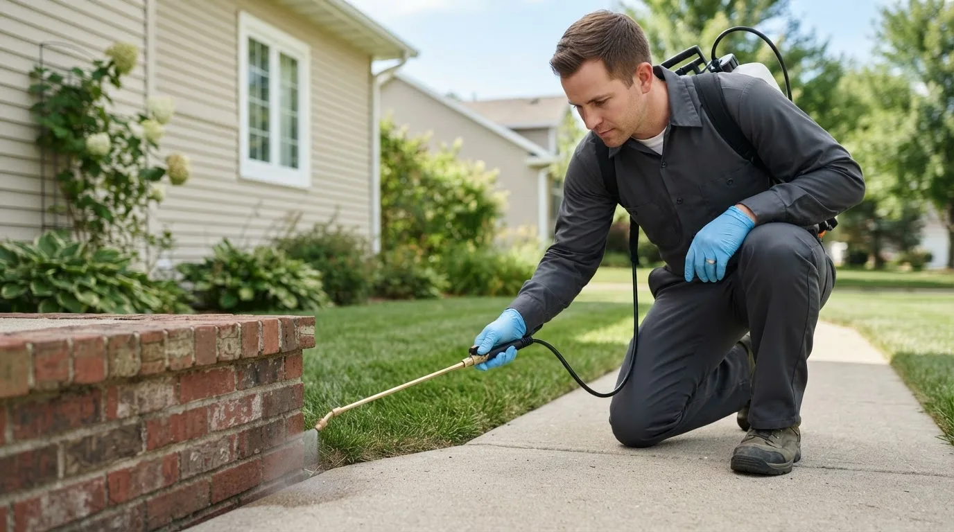 Pest control technician treating a home near Wakonda, SD